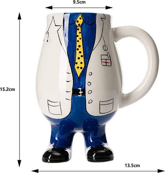 Ceramic mug shaped like a person with measurements on a white background