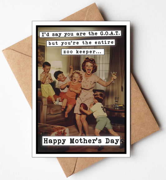 Mother's Day card with a vintage-style illustration of a woman and children, featuring text.