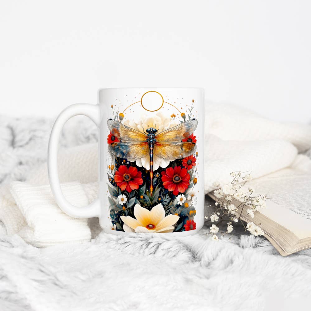 Floral Nature Dragonfly Ceramic Mug, Garden Celestial Gifts: 15oz