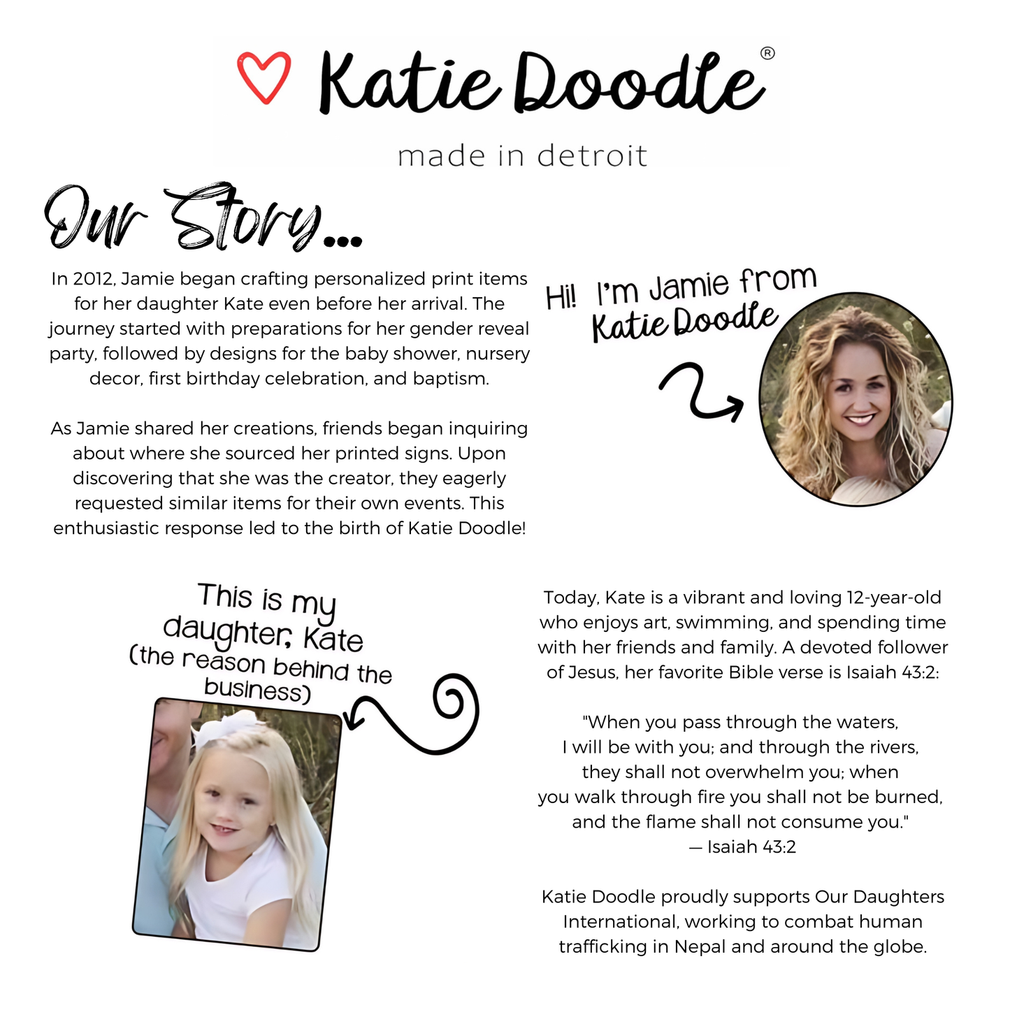 Katie Doodle brand story with text and a photo of a woman and child.
