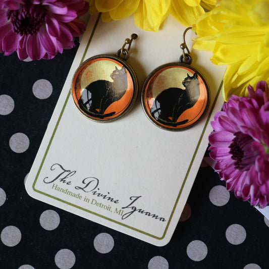 Retro Halloween Chat Noir Glass Cabochon Earrings