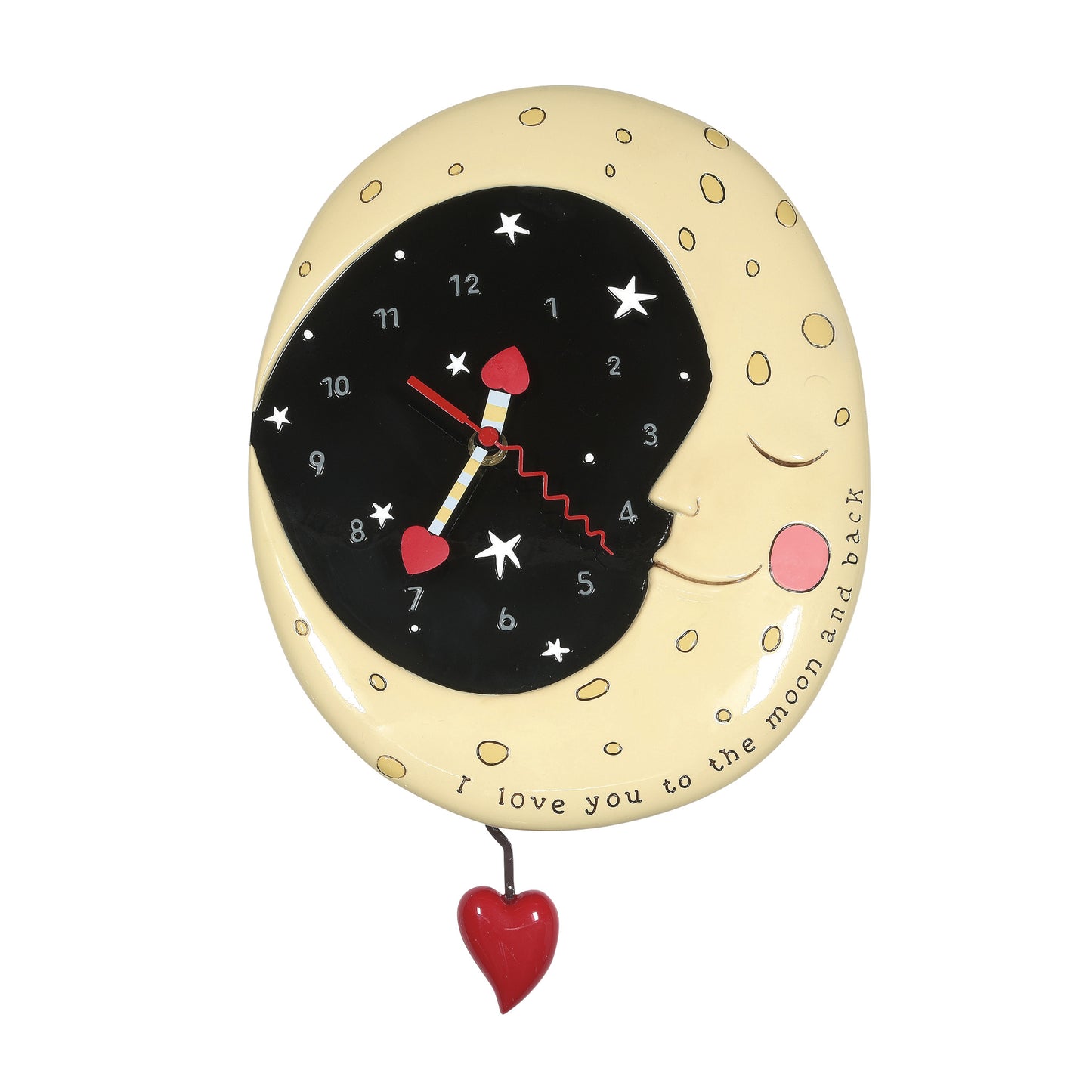 Decorative wall clock with moon and star design and a red heart, on a white background.