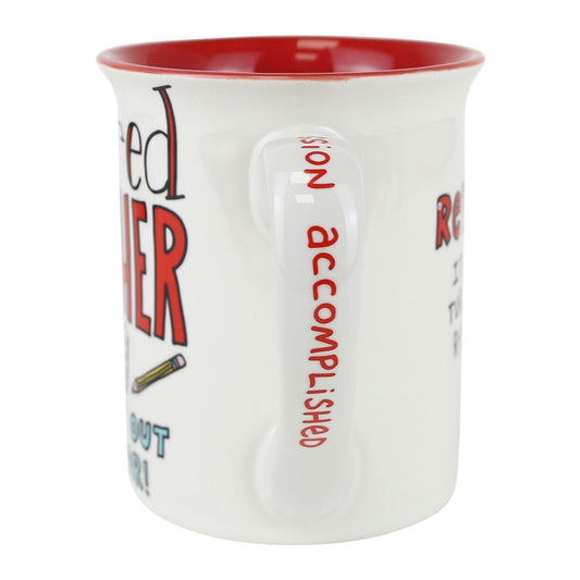 White mug with red interior and text on a white background