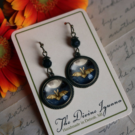 Bat and Full Moon Goth Halloween Earrings