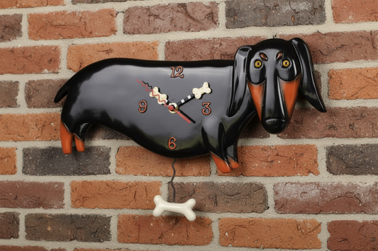 Dog-shaped wall clock on a brick wall