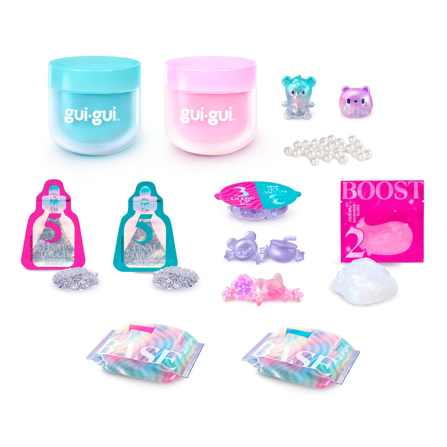 Collection of colorfulgui-gui products including jars, bottles, and packaging on a white background