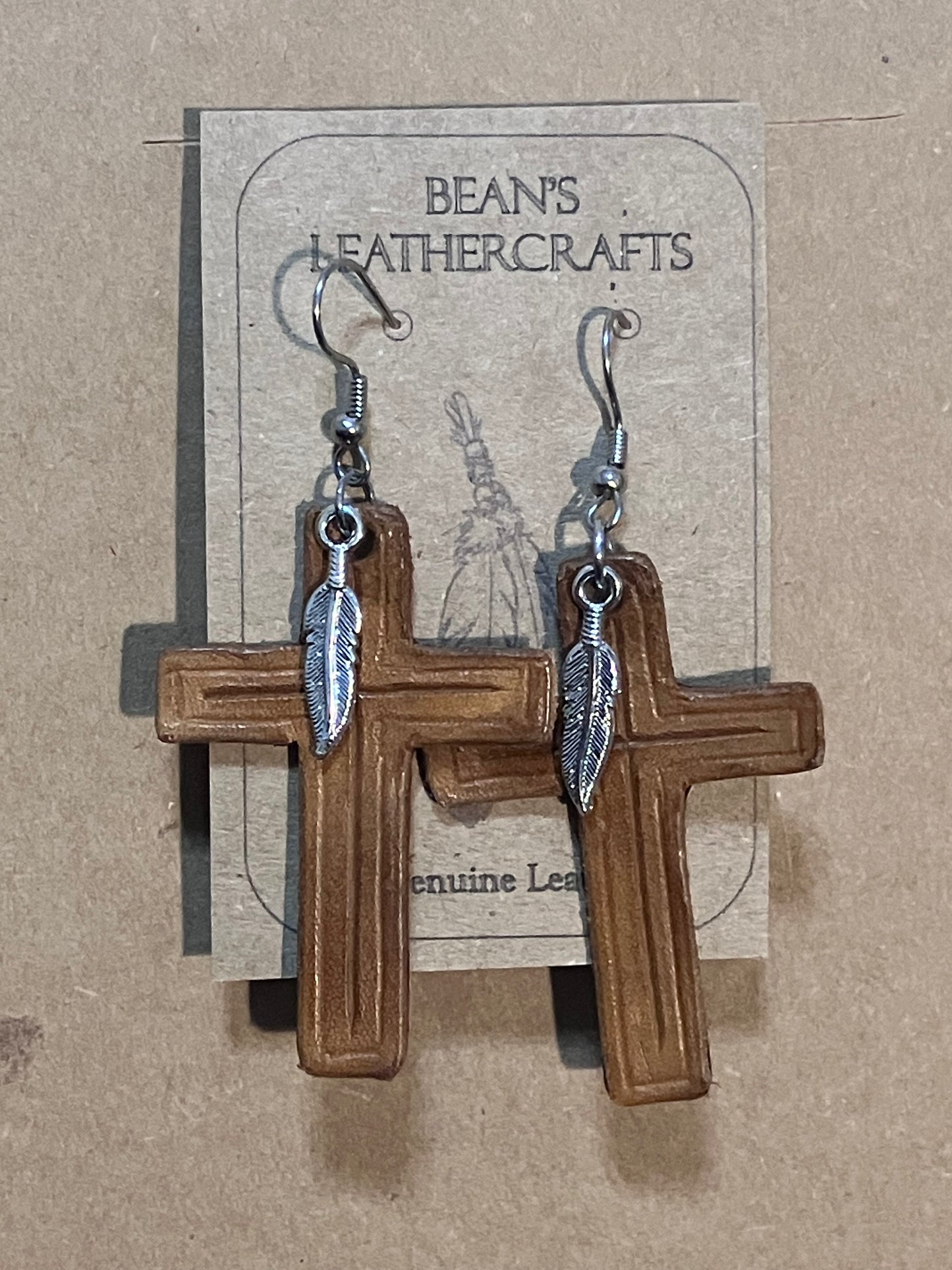 Leather Earrings Cross with Feather