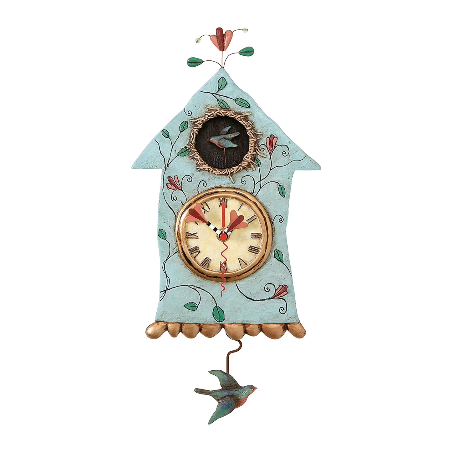 Decorative clock with birdhouse design on a white background