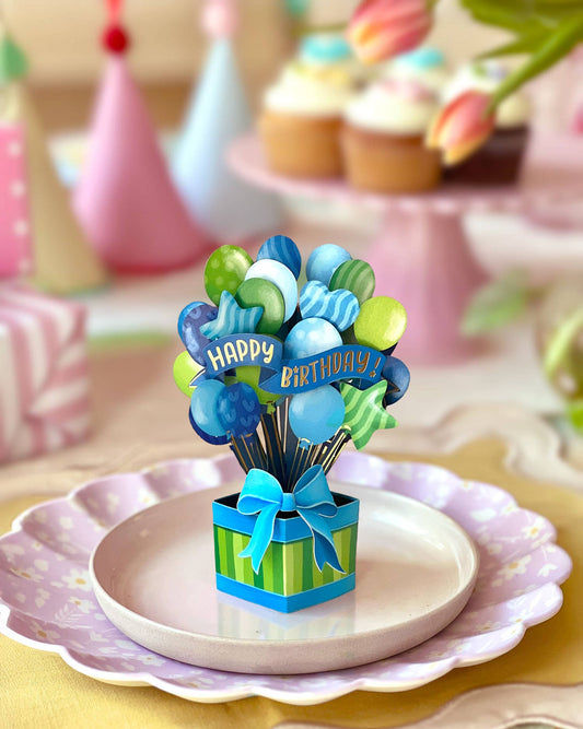 Mini Blue Birthday Balloons (10 Mini Pop-up Greeting Cards)