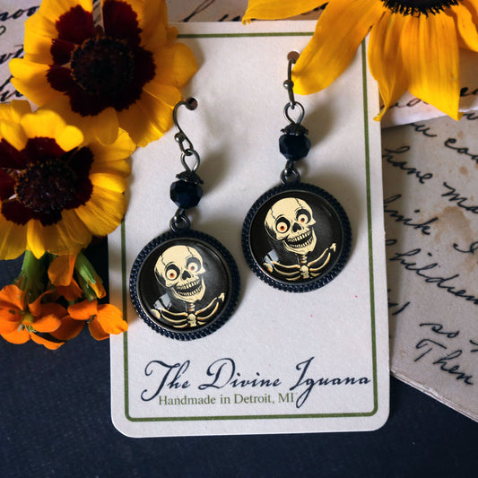 Skelly the Skeleton Retro Halloween Glass Cabochon Earrings