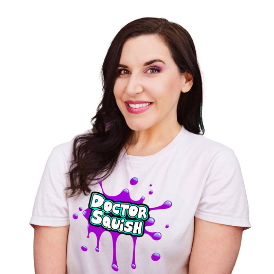 Woman wearing a white t-shirt with 'Doctor Squish' logo on a white background