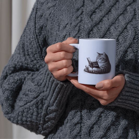 Cozy Reading Cat Ceramic Coffee Mug - Dishwasher Safe: 11oz