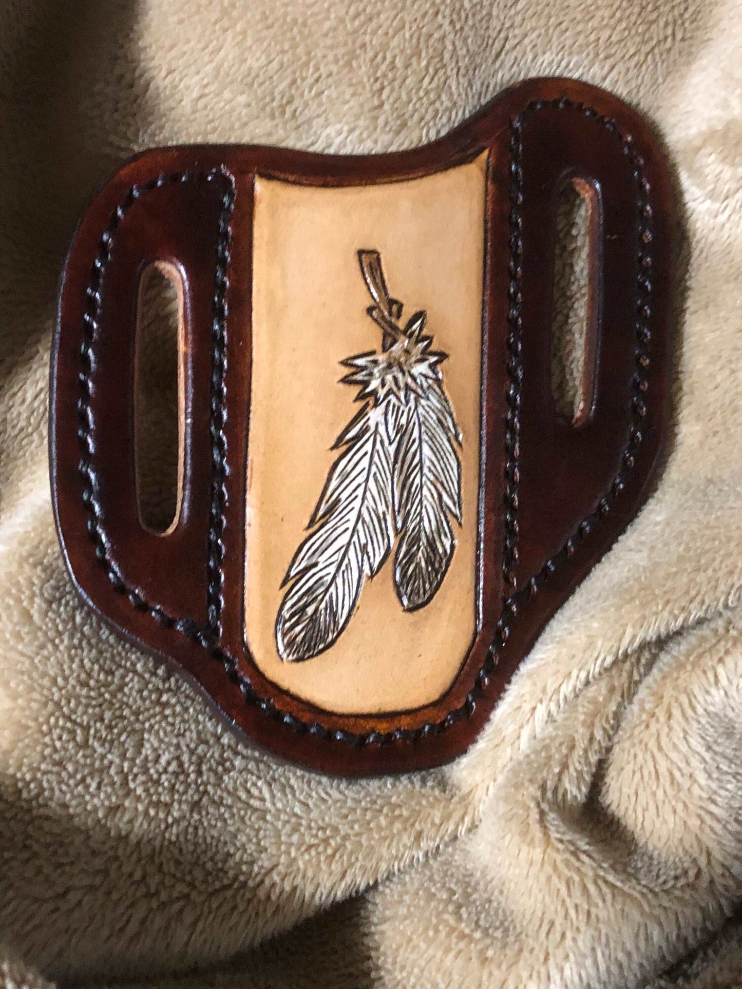 Holster For Folding Pocket Knife Hand Carved Feather Design