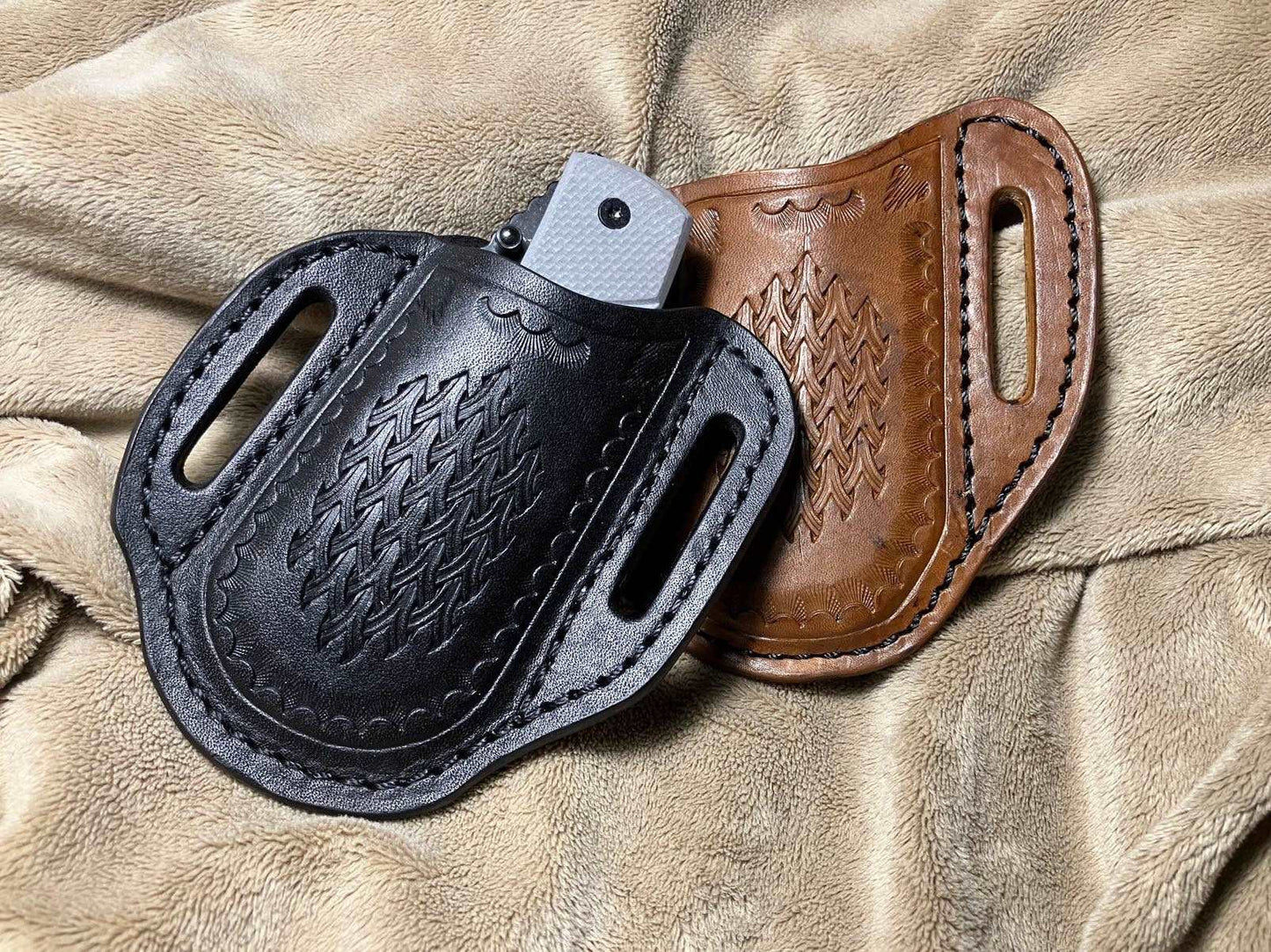 Knife Holster For larger Folding Pocket Knife Hand Stamped Design Brown/Black