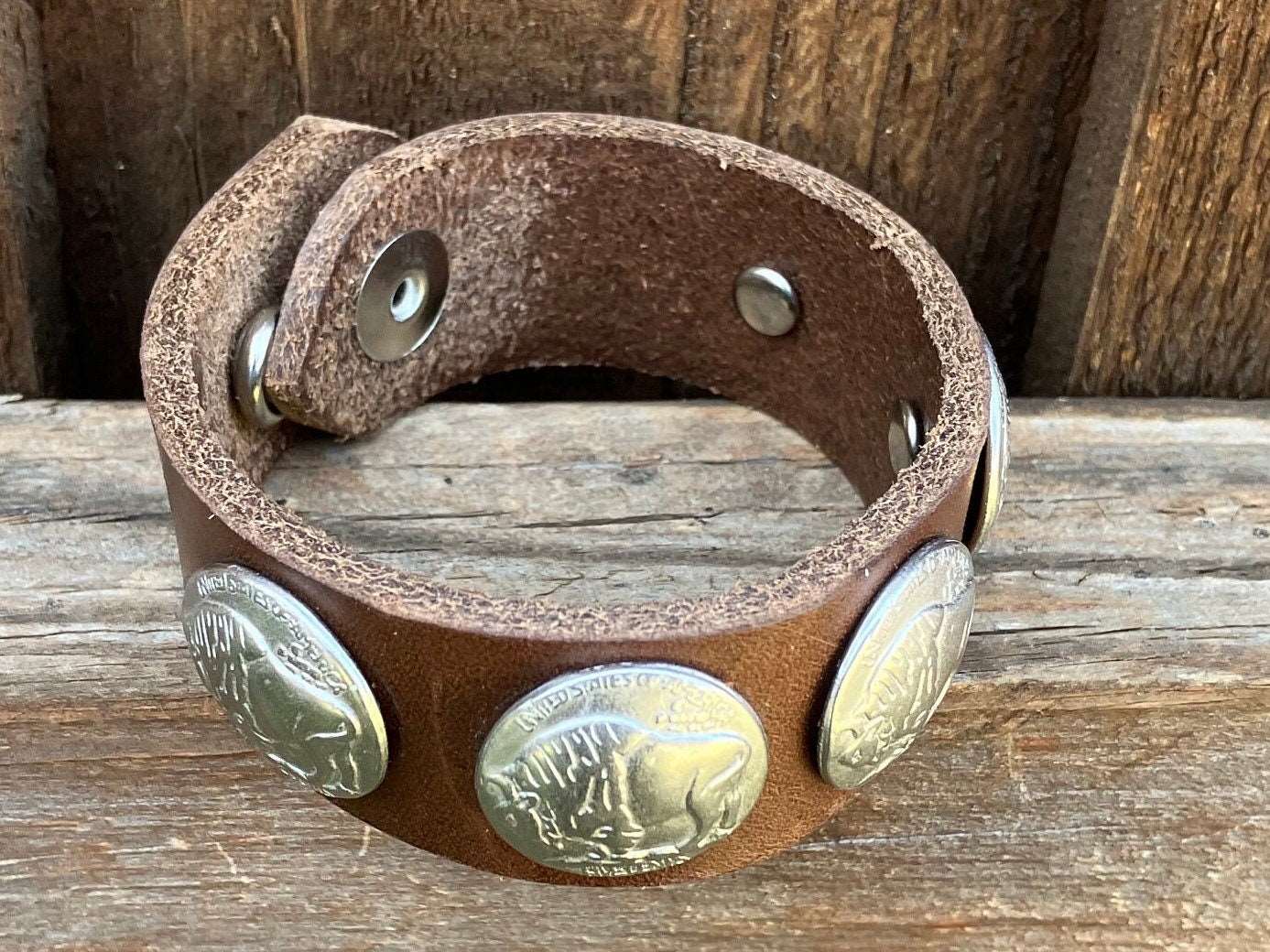 Leather Cuff Bracelet Bullalo Nickle Conchos 7 - 7.5”