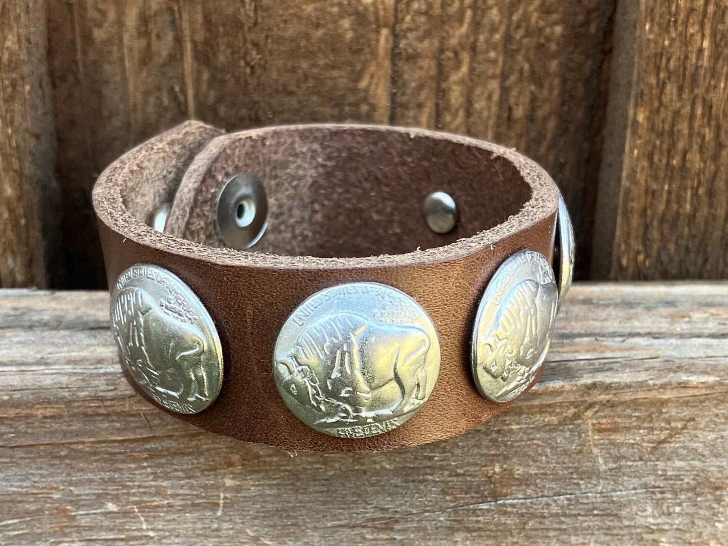 Leather Cuff Bracelet Bullalo Nickle Conchos 7 - 7.5”