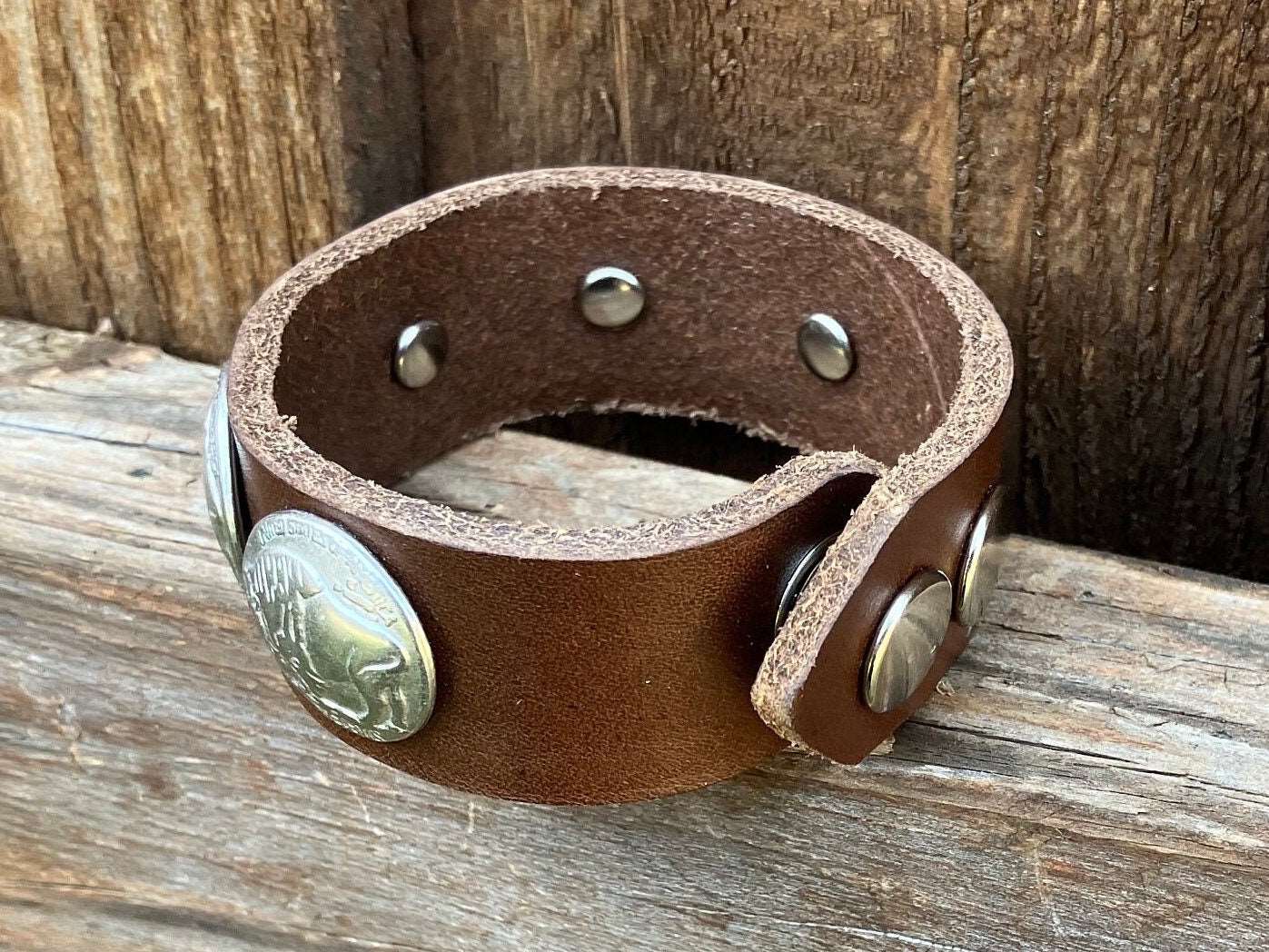 Leather Cuff Bracelet Bullalo Nickle Conchos 7 - 7.5”