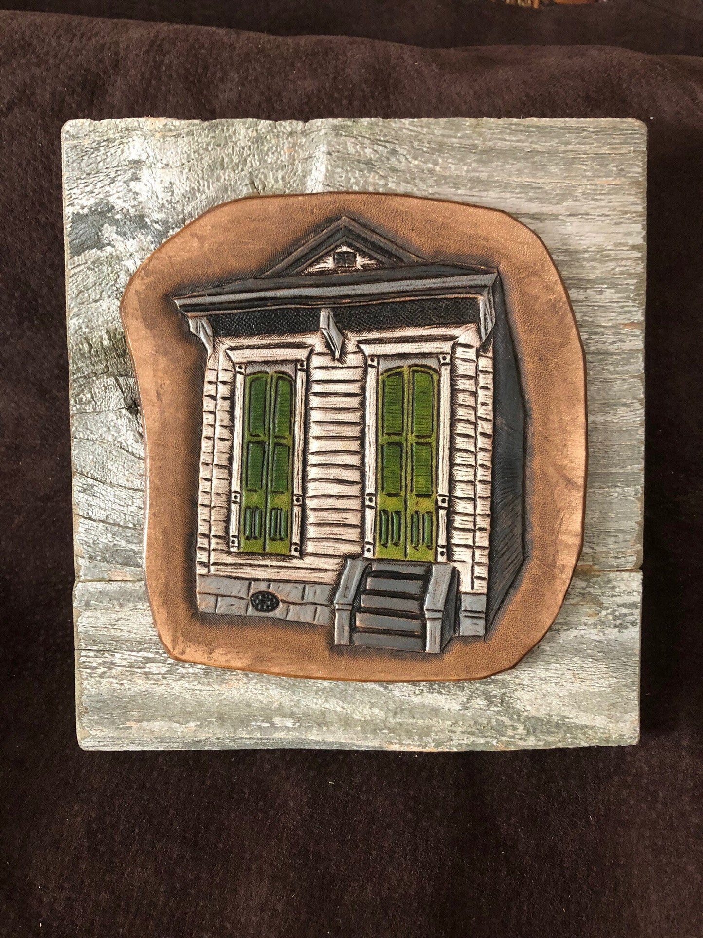 Old New Orleans Shotgun House Handcarved in Leather Mounted on Rustic Barnwood