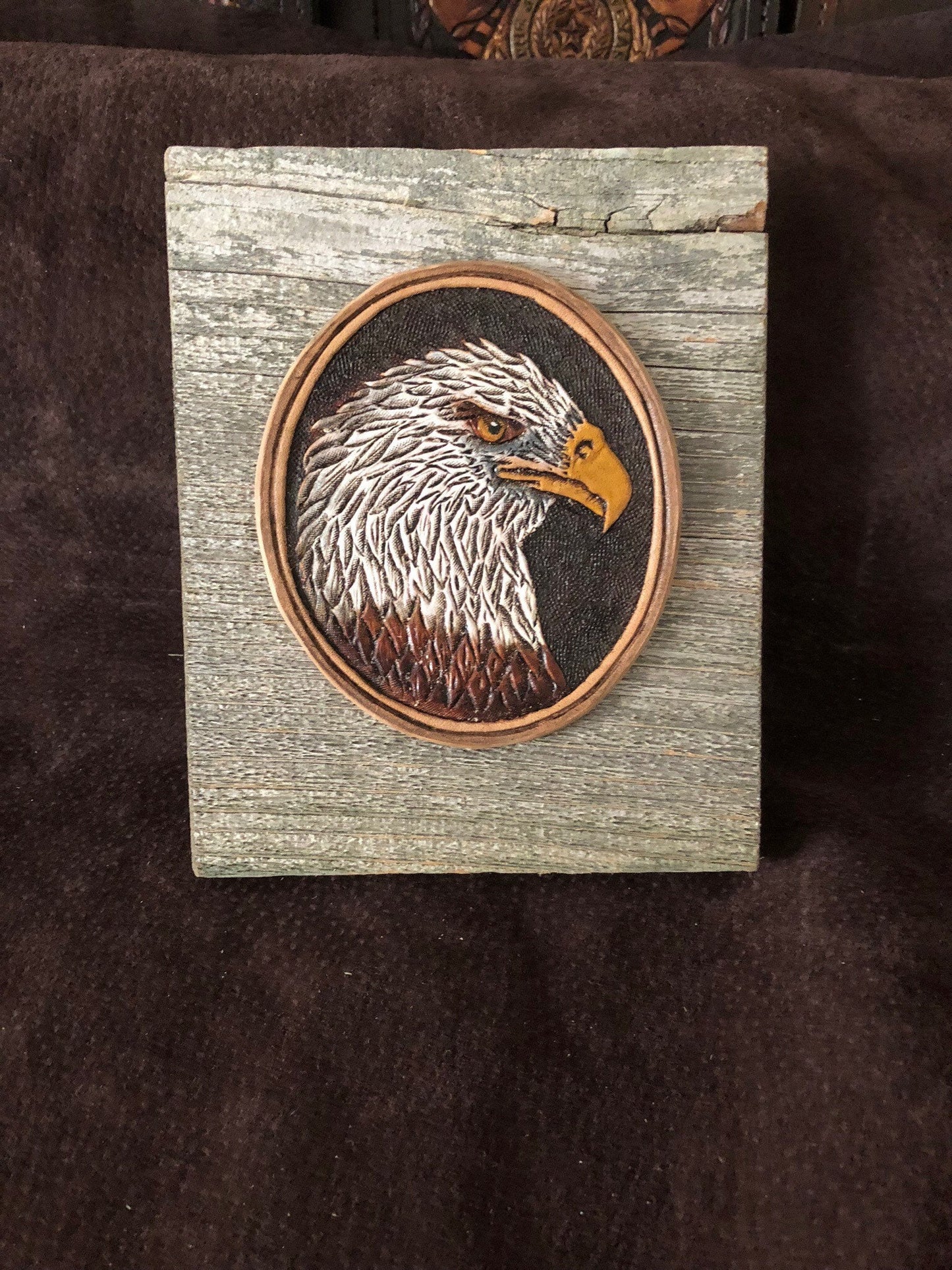 Eagle Handcarved in Leather Mounted on Rustic Barnwood
