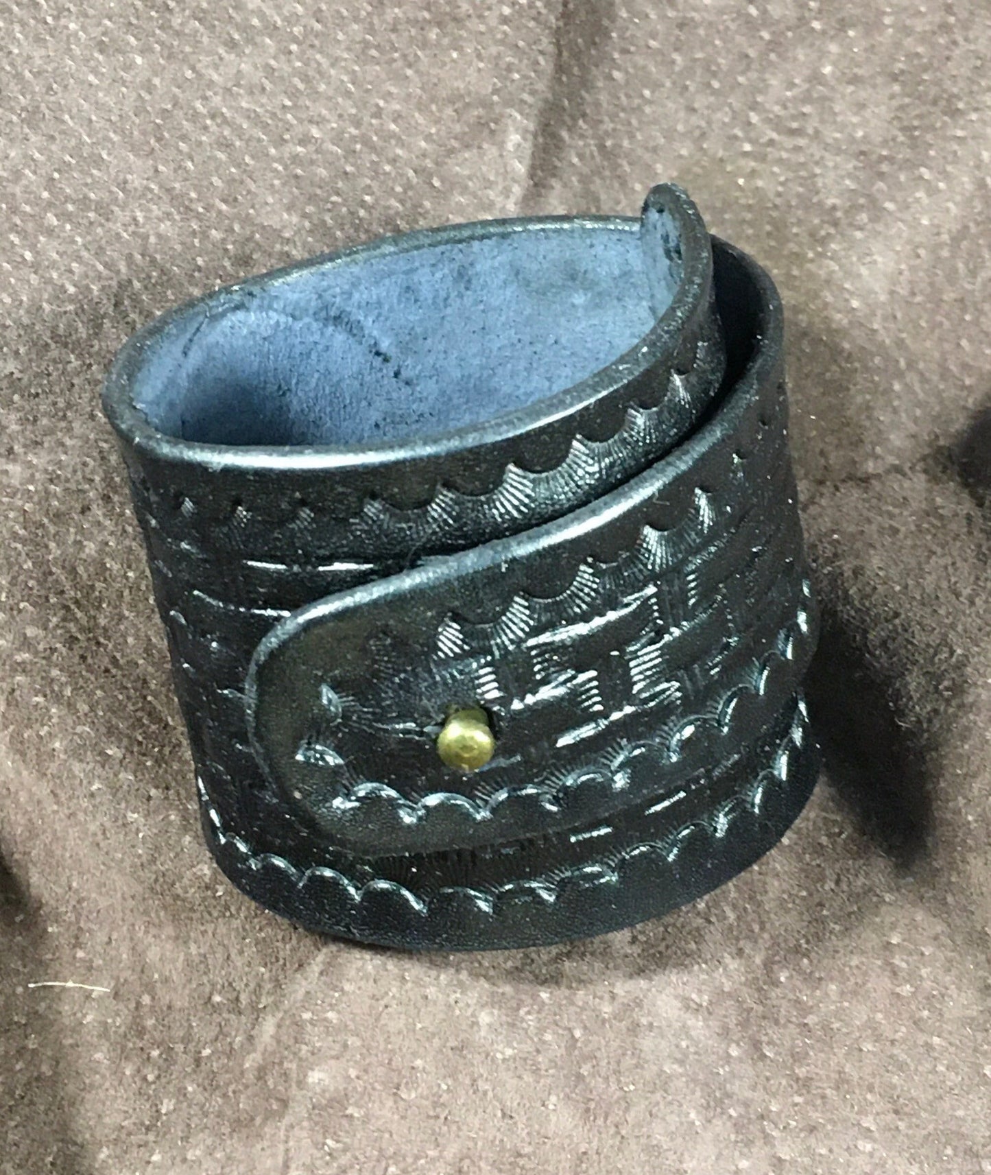 Leather Cuff Bracelet Hand Carved Black Basket Weave Design