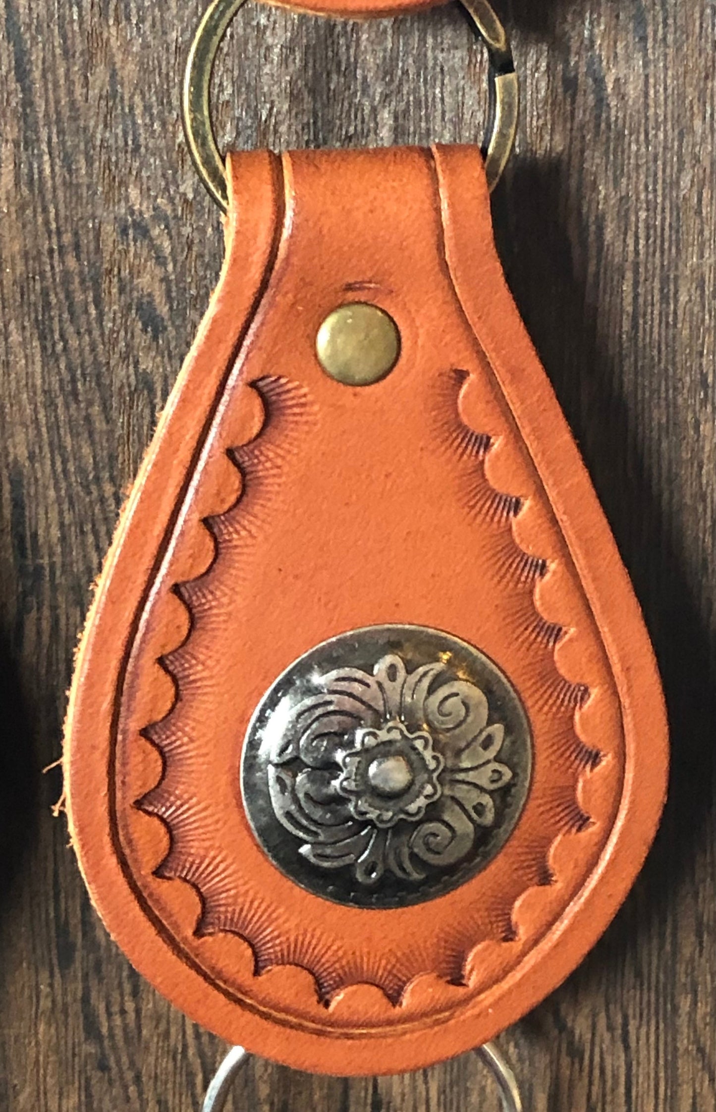 Leather Keyring Key Fob Hand Tooled With Concho