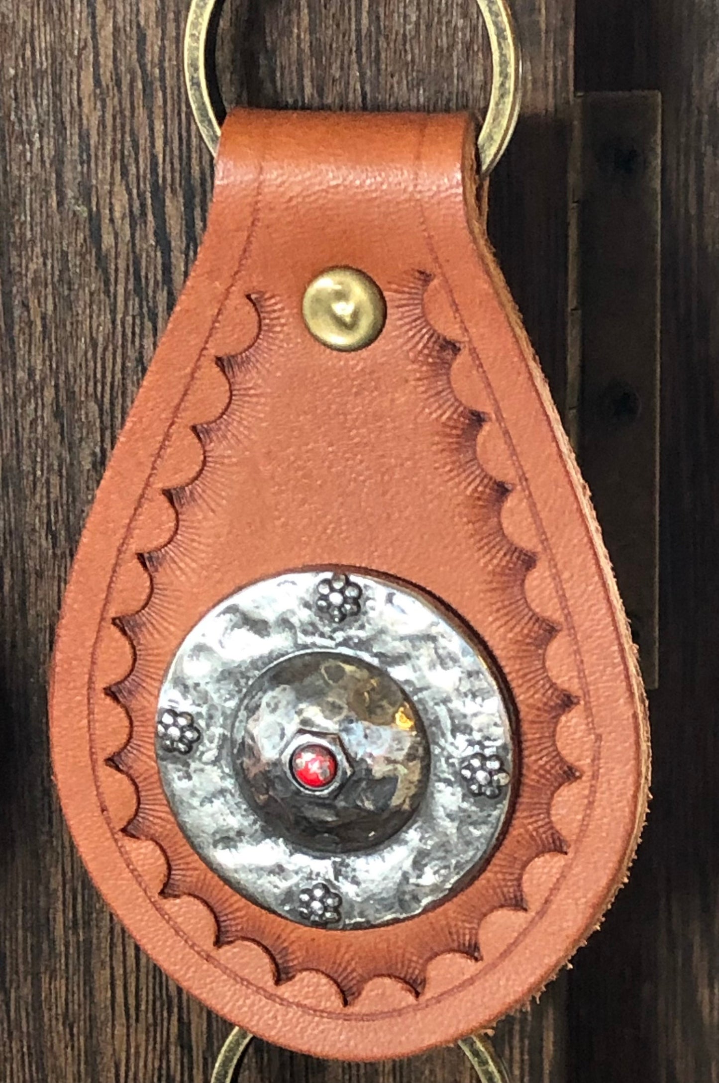Leather Keyring Hand Tooled With Concho