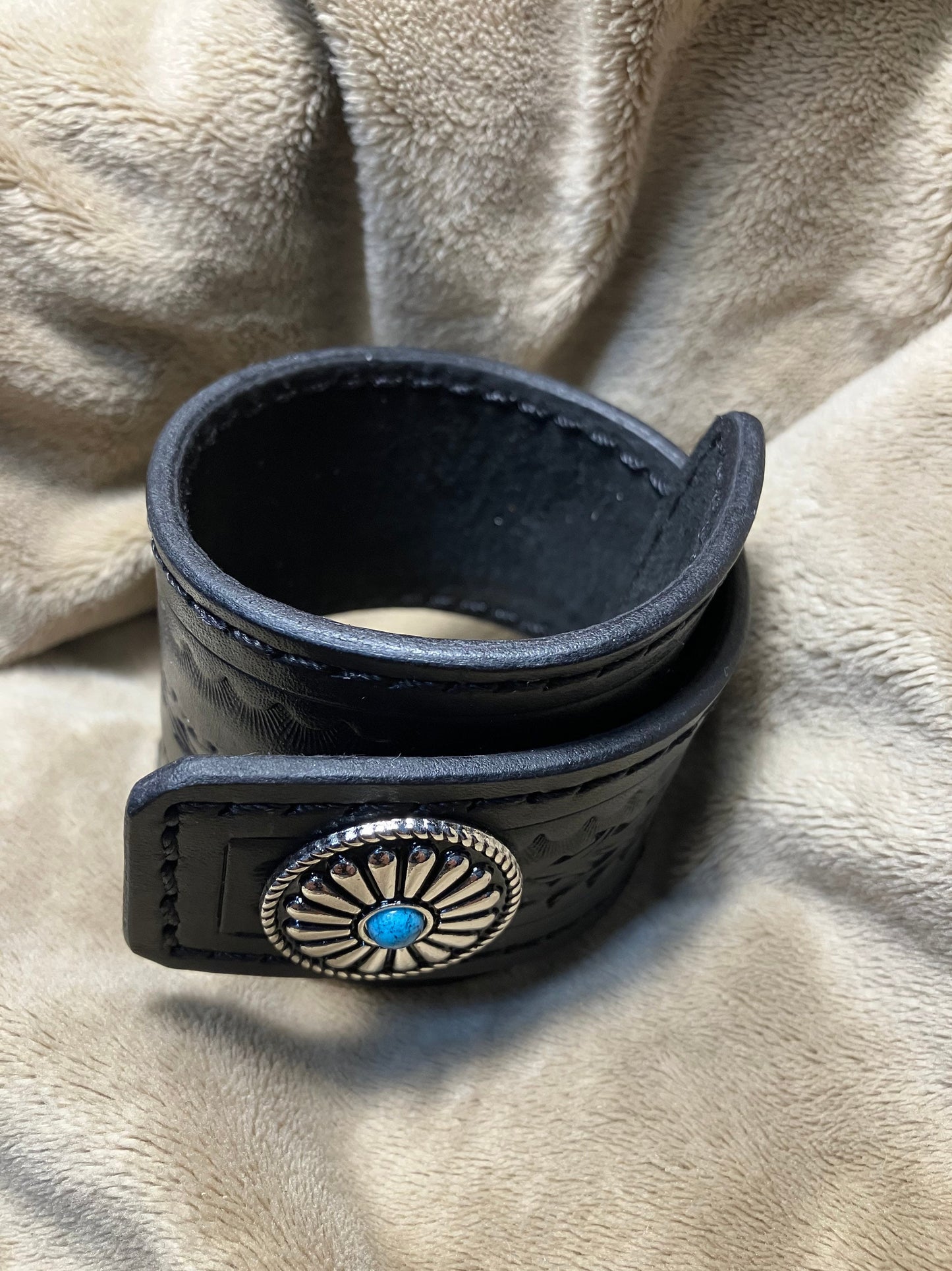 Leather Cuff Bracelet for Women Hand Carved Black Design Suede Lined Concho Snap