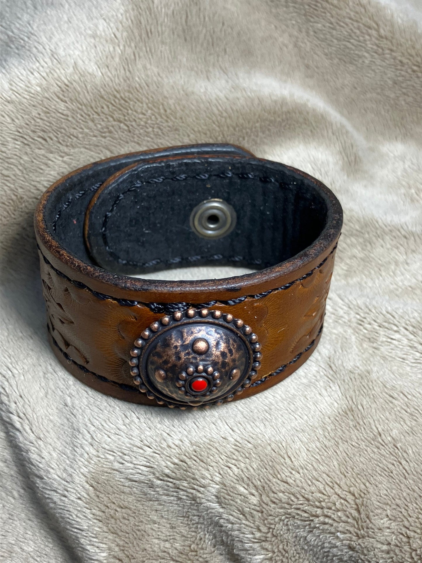 Leather Cuff Bracelet Hand Carved Brown Design Suede Lined