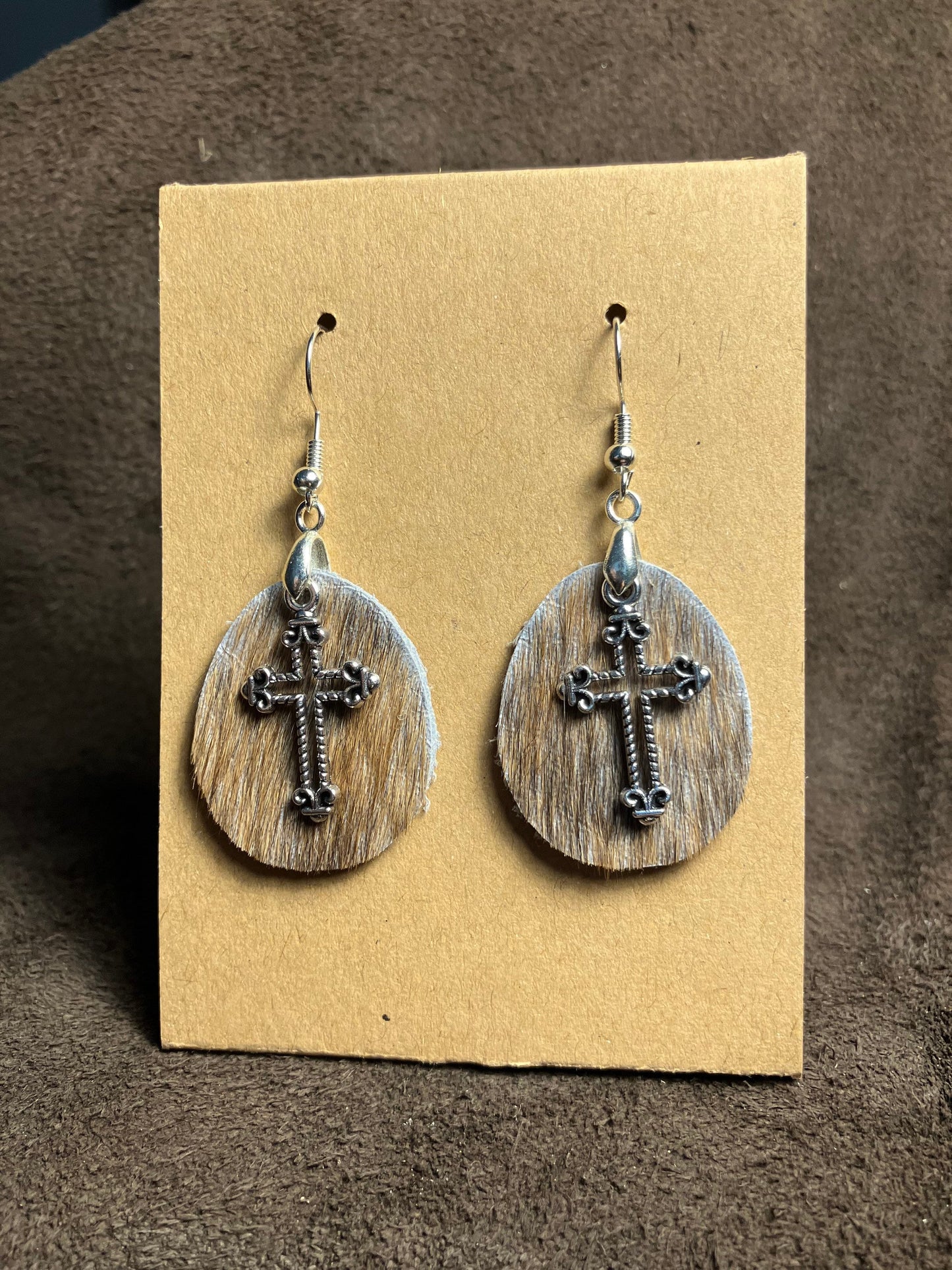 Leather Earrings Hair On Genuine Cowhide with cross