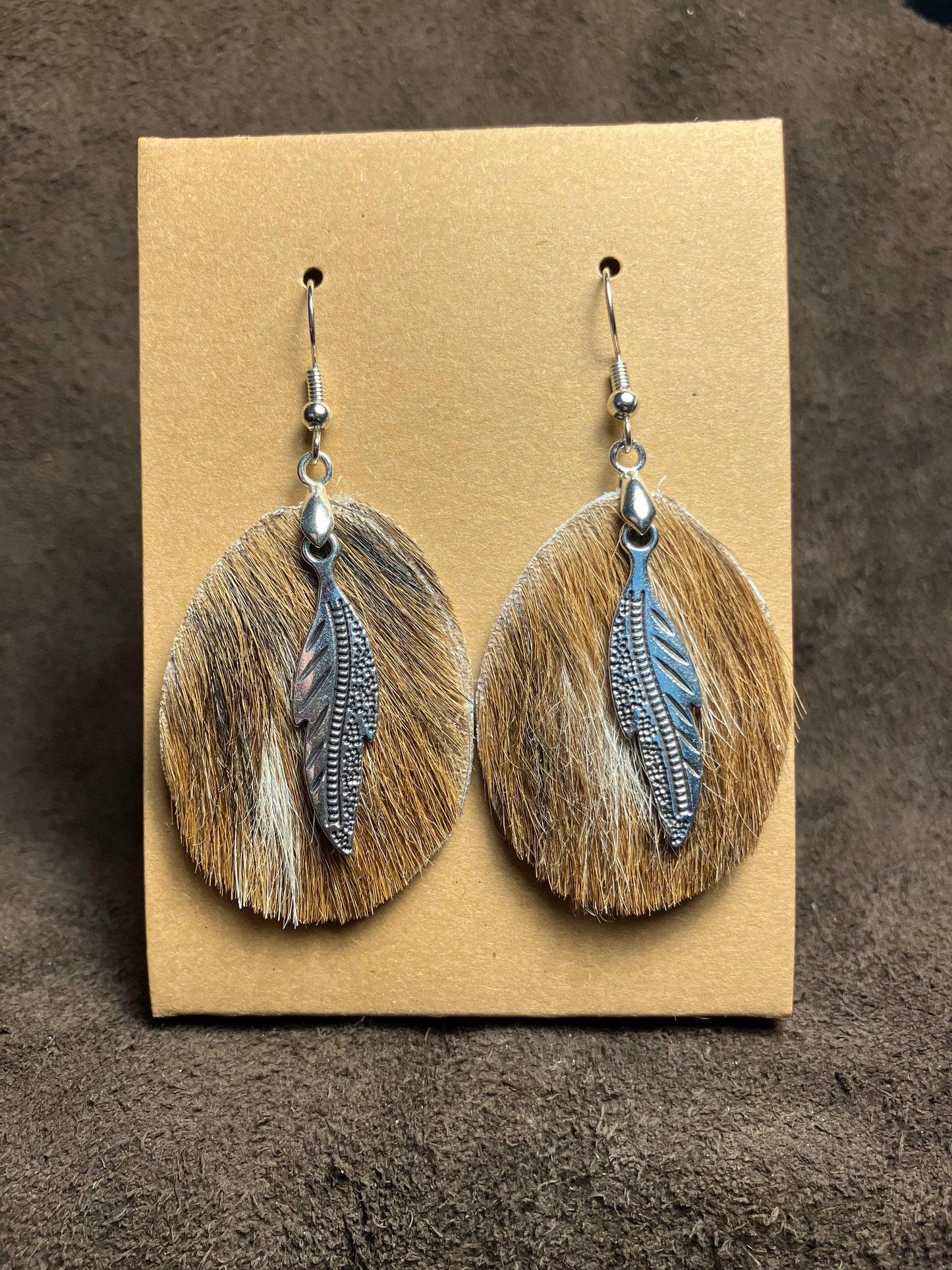 Leather Earrings Hair On Genuine Cowhide with feather