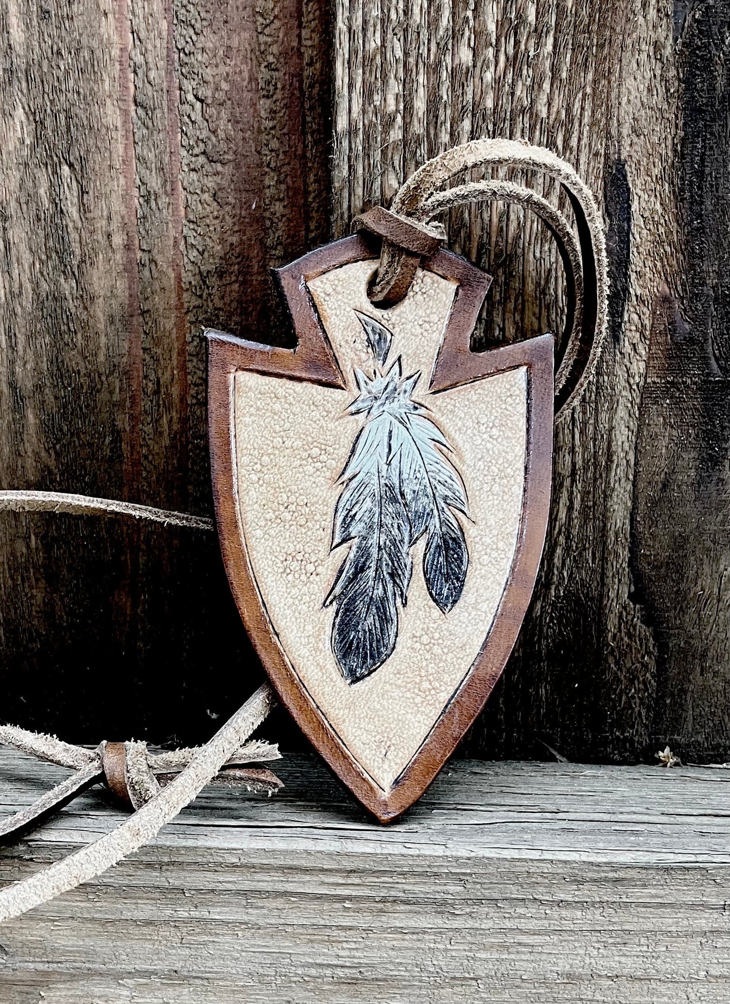 Leather Arrowhead Necklace with hand carved and painted Feather on leather cord