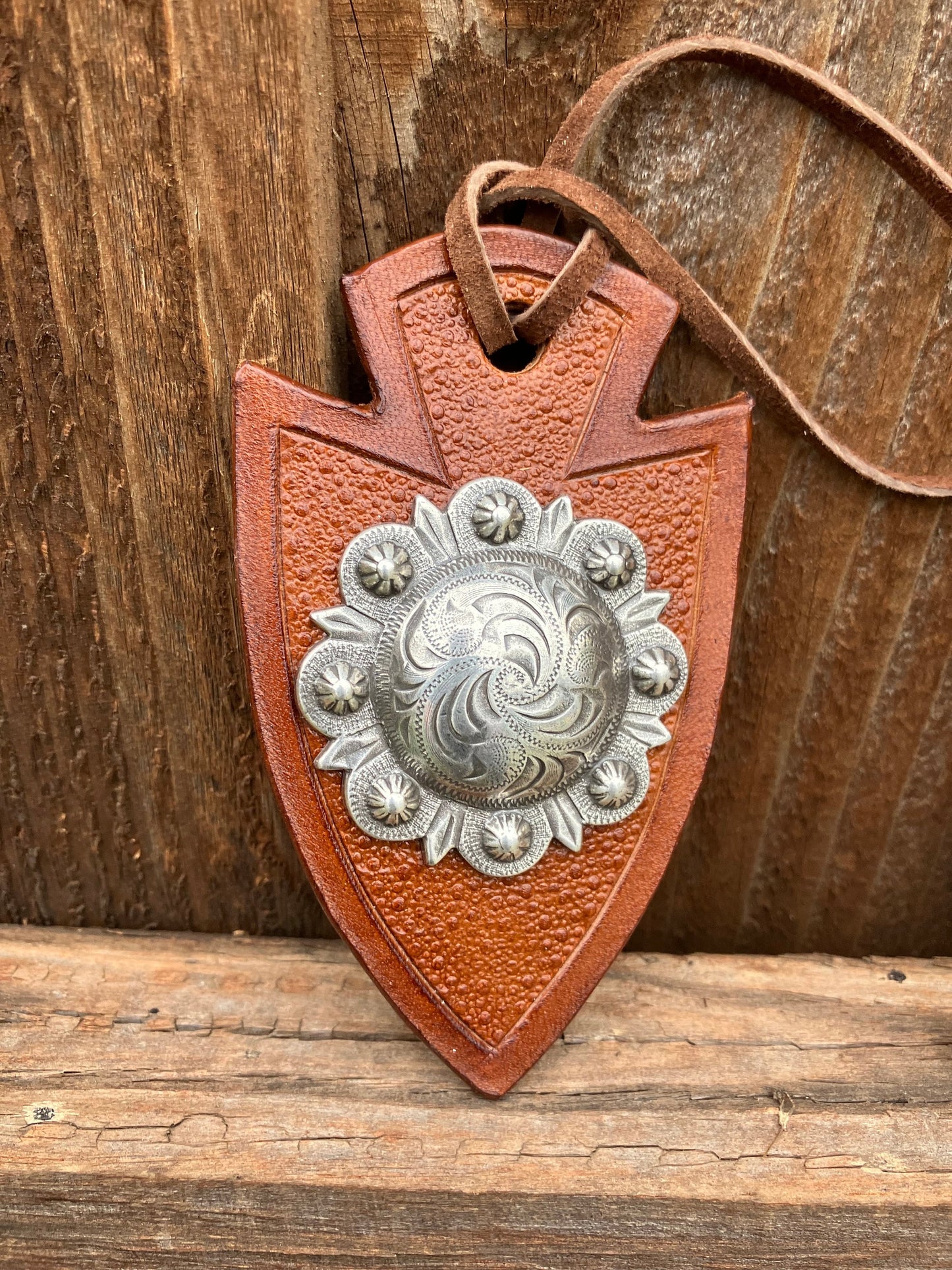 Leather Arrowhead Necklace with Concho on leather cord