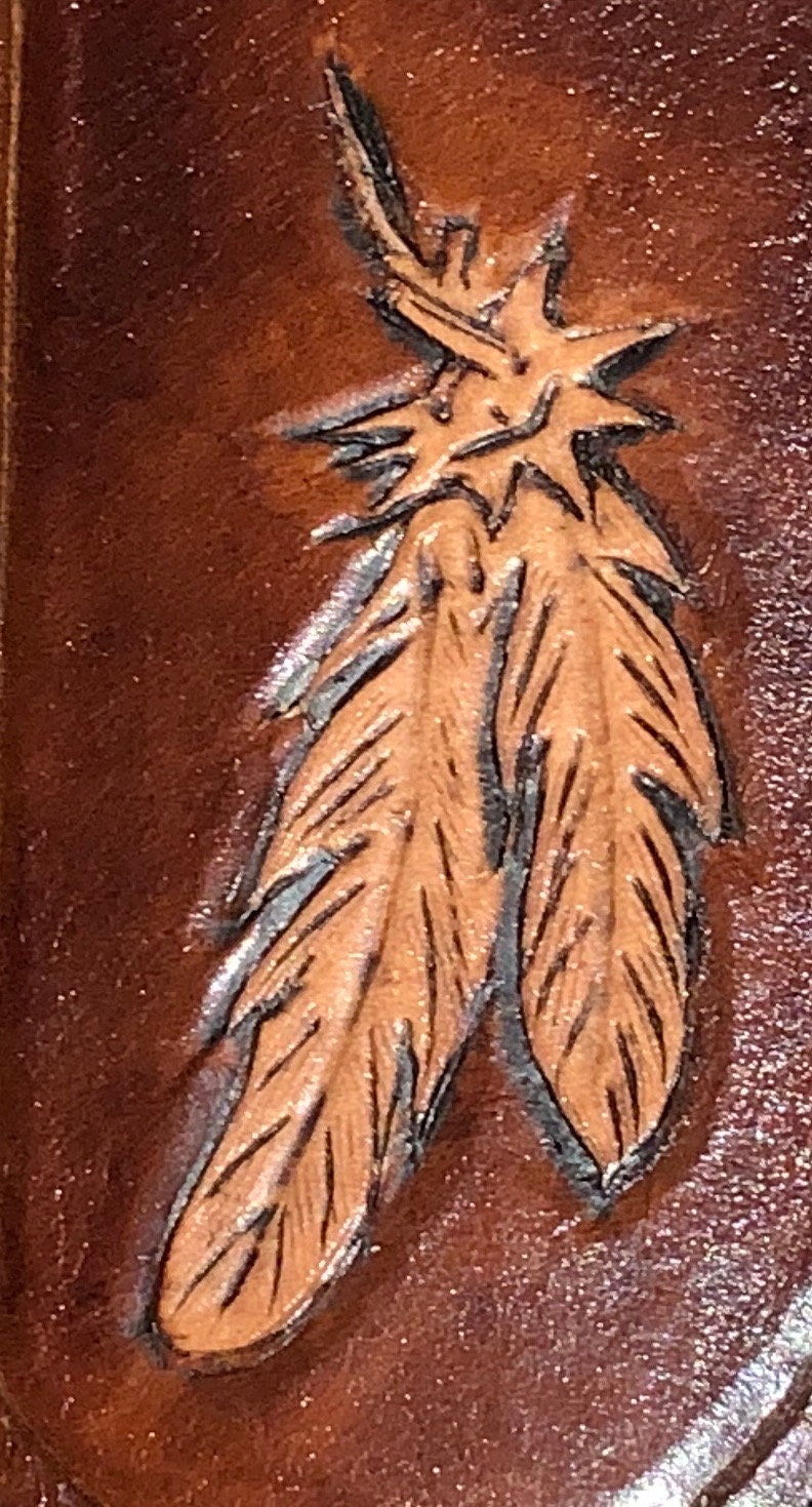 Sheath For Folding Pocket Knife Hand Carved Feather Design