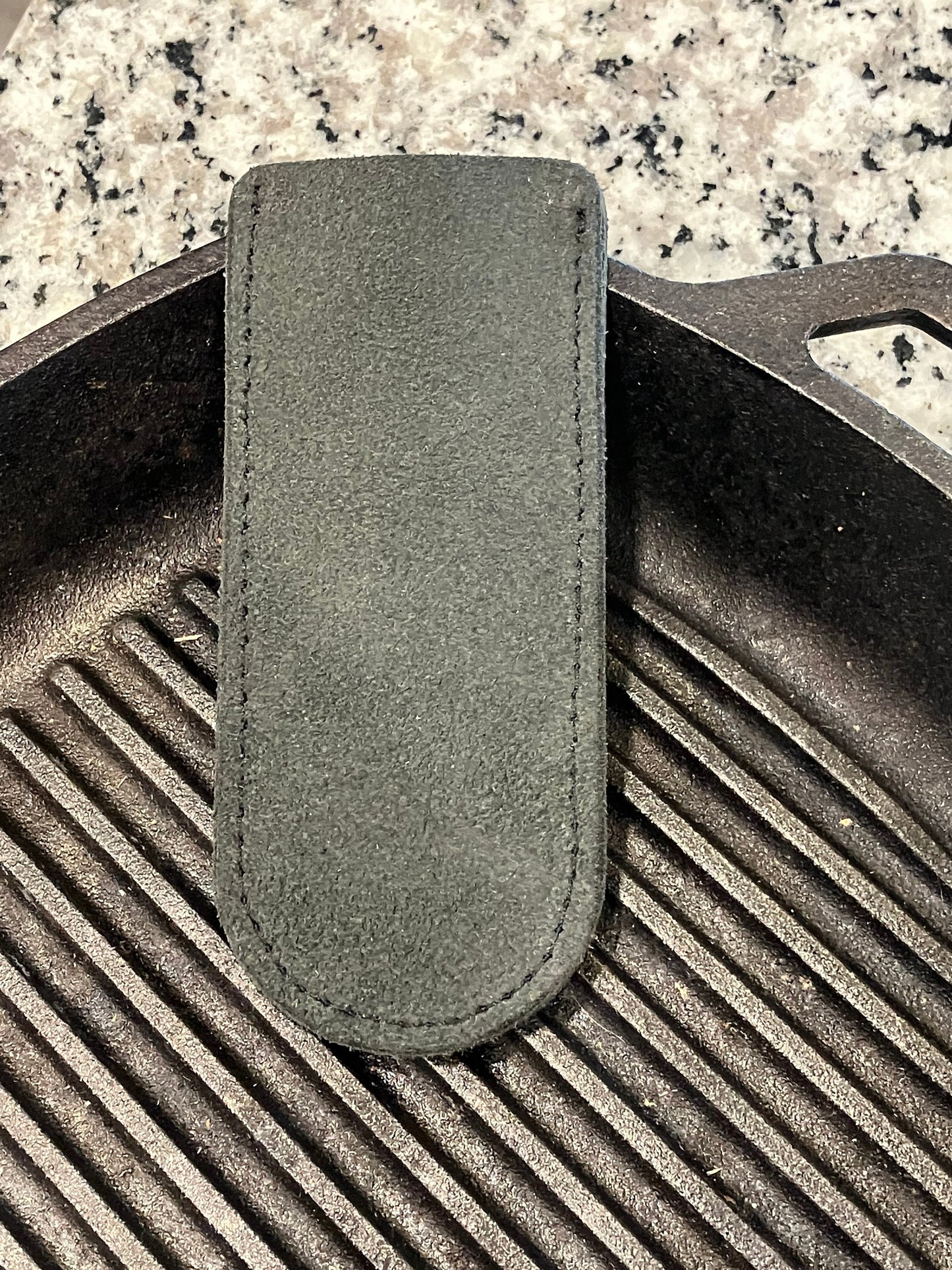 Set of 2 Leather Cast Iron Skillet Handle Cover sleeve in Charcoal Suede