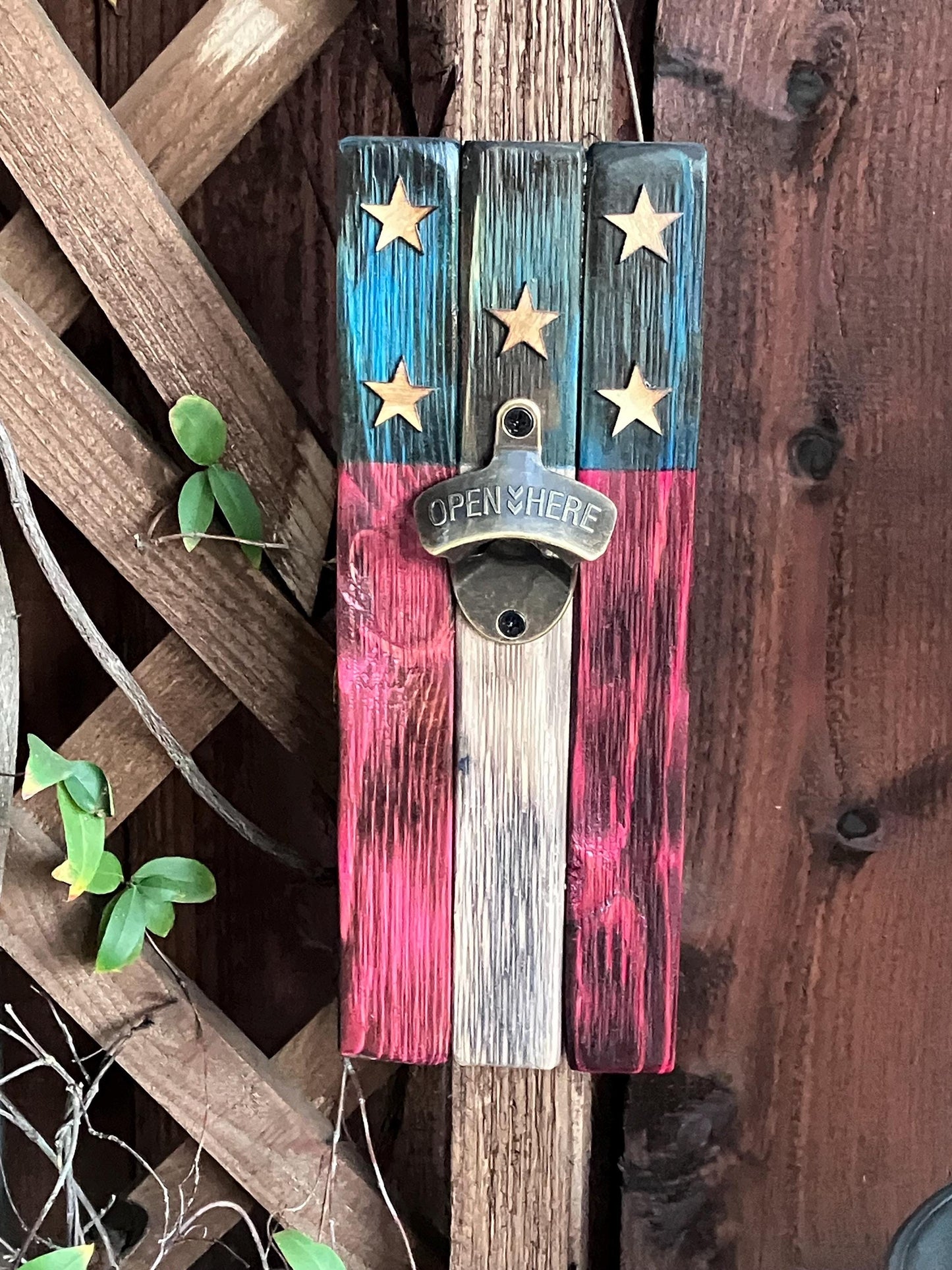 Wood wall mounted bottle opener Rustic Flag Motif