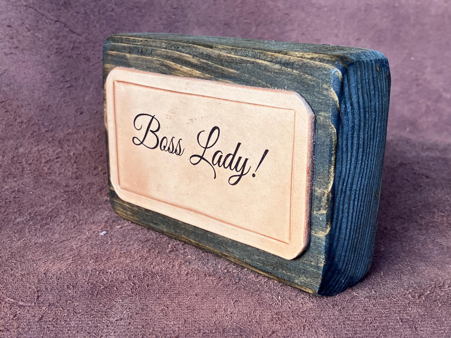 wood and leather block sign BOSS LADY