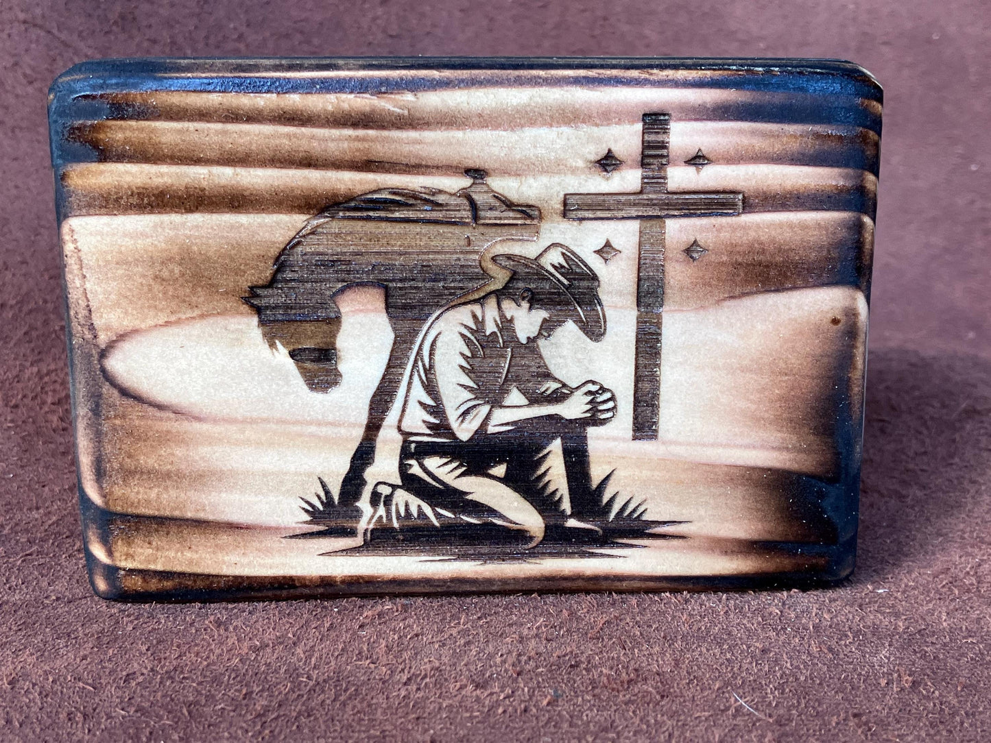 Wood and leather block sign: Praying Cowboy