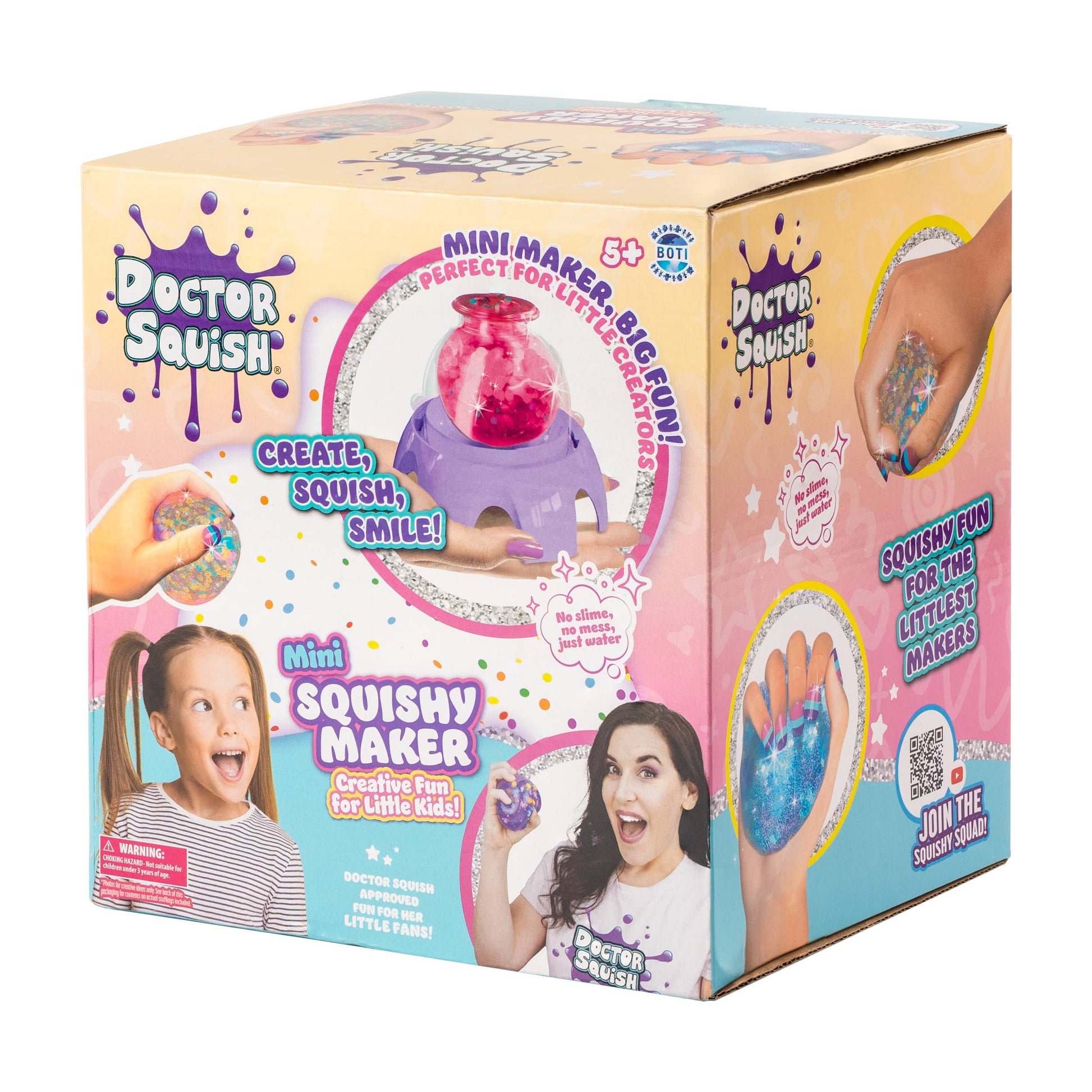 Box of Doctor Squish Mini Squishy Maker toy with colorful design and images of children using the product.
