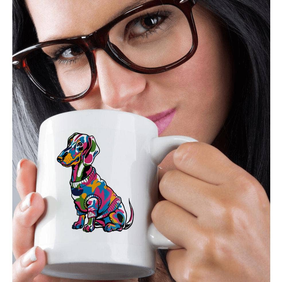 3dRose, Funny Cute Cool Dachshund Puppy Dog Wearing Colorful Sweater Graffiti, Mug: 11oz Two-Tone Black Mug