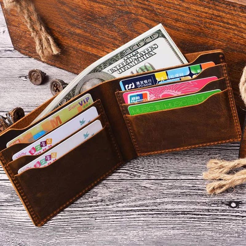Leather Wallet,  Bifold Wallet, Handmade Wallet for Men: Black
