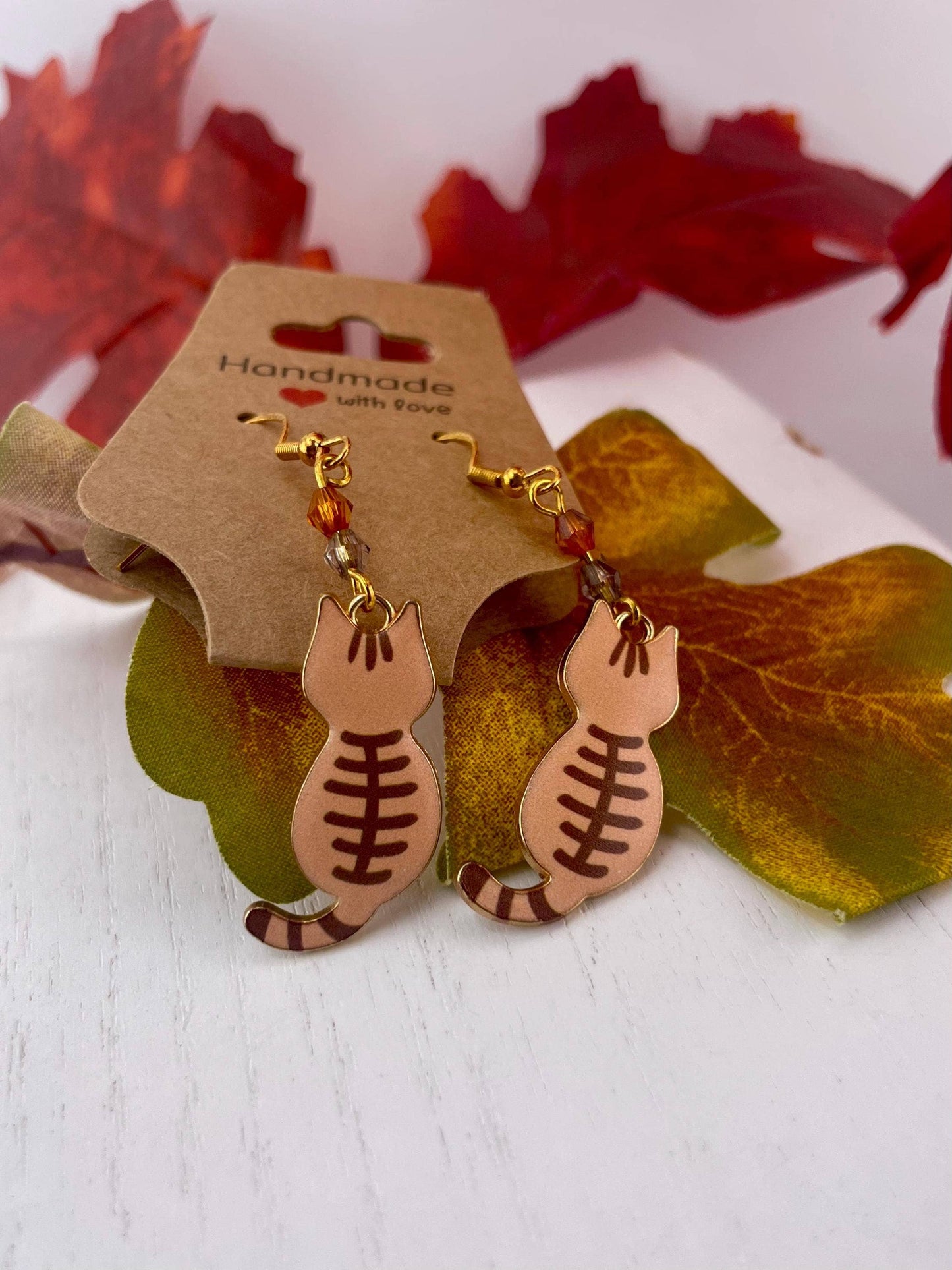 Gold Beaded Cat Earrings | Elegant Animal Lovers Gift: Autumn fog