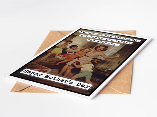 Mother's Day card with a vintage-style illustration of a family and text on a white background.