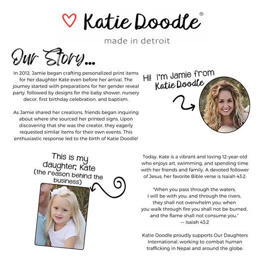 Katie Doodle brand story with text and a photo of a woman and child.
