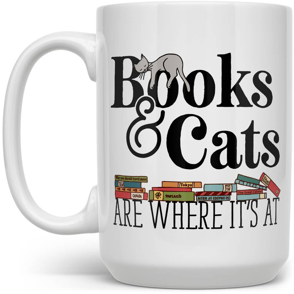 Books & Cats Ceramic Mug, Funny Cute Bookish Cat Lover Gifts: 11oz