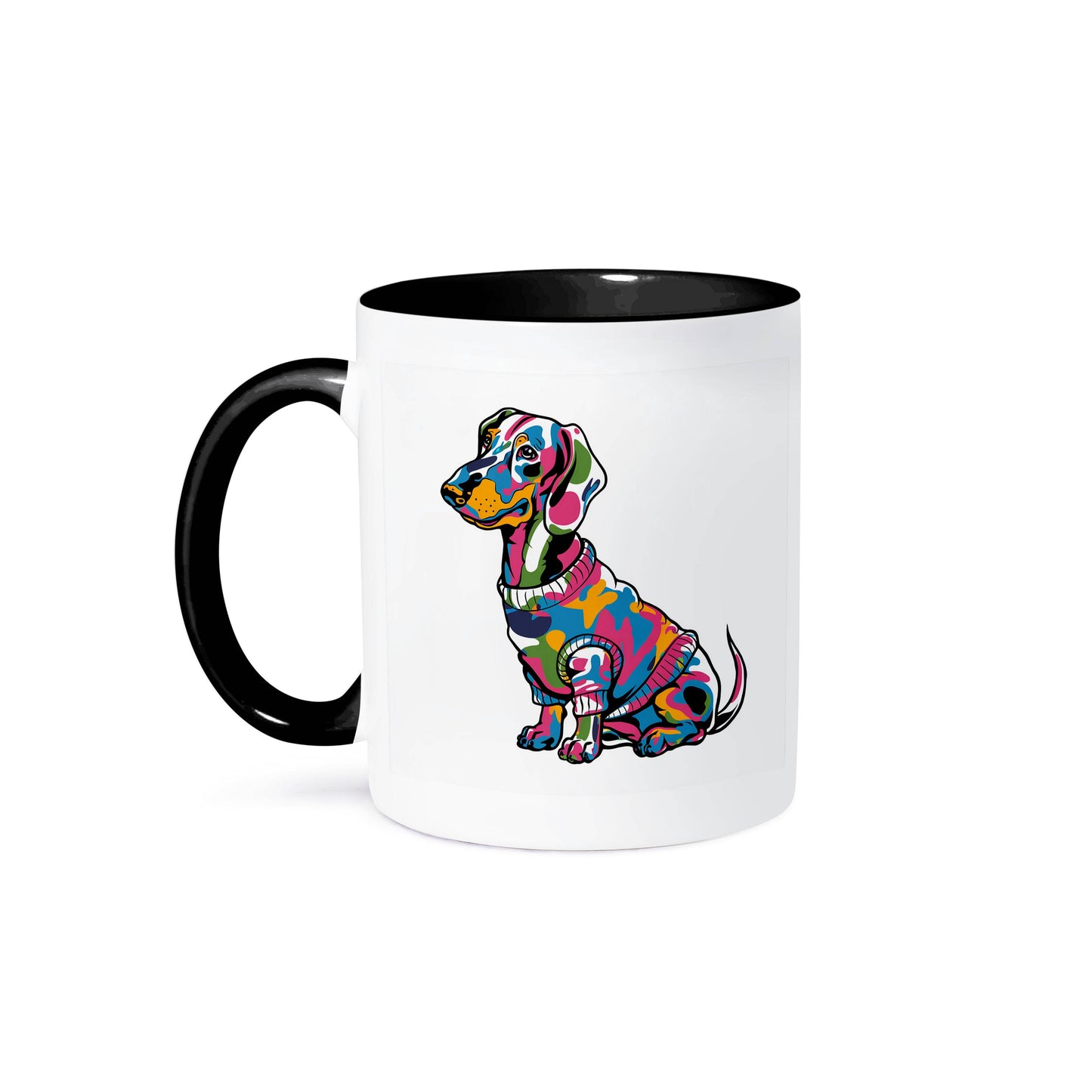 Mug with a colorful dachshund design on a white background