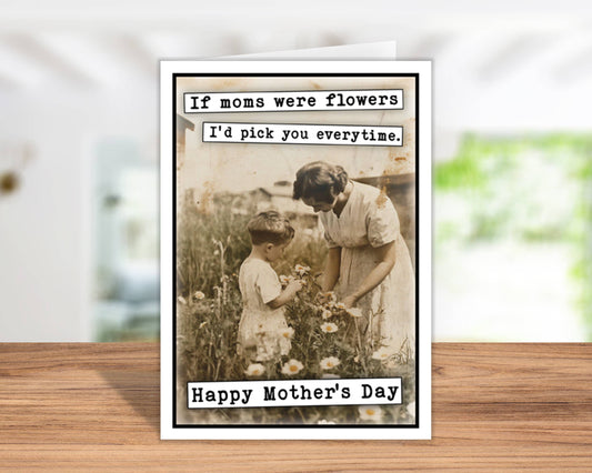 Mother's Day card with vintage photo of a woman and child in a garden, featuring text.