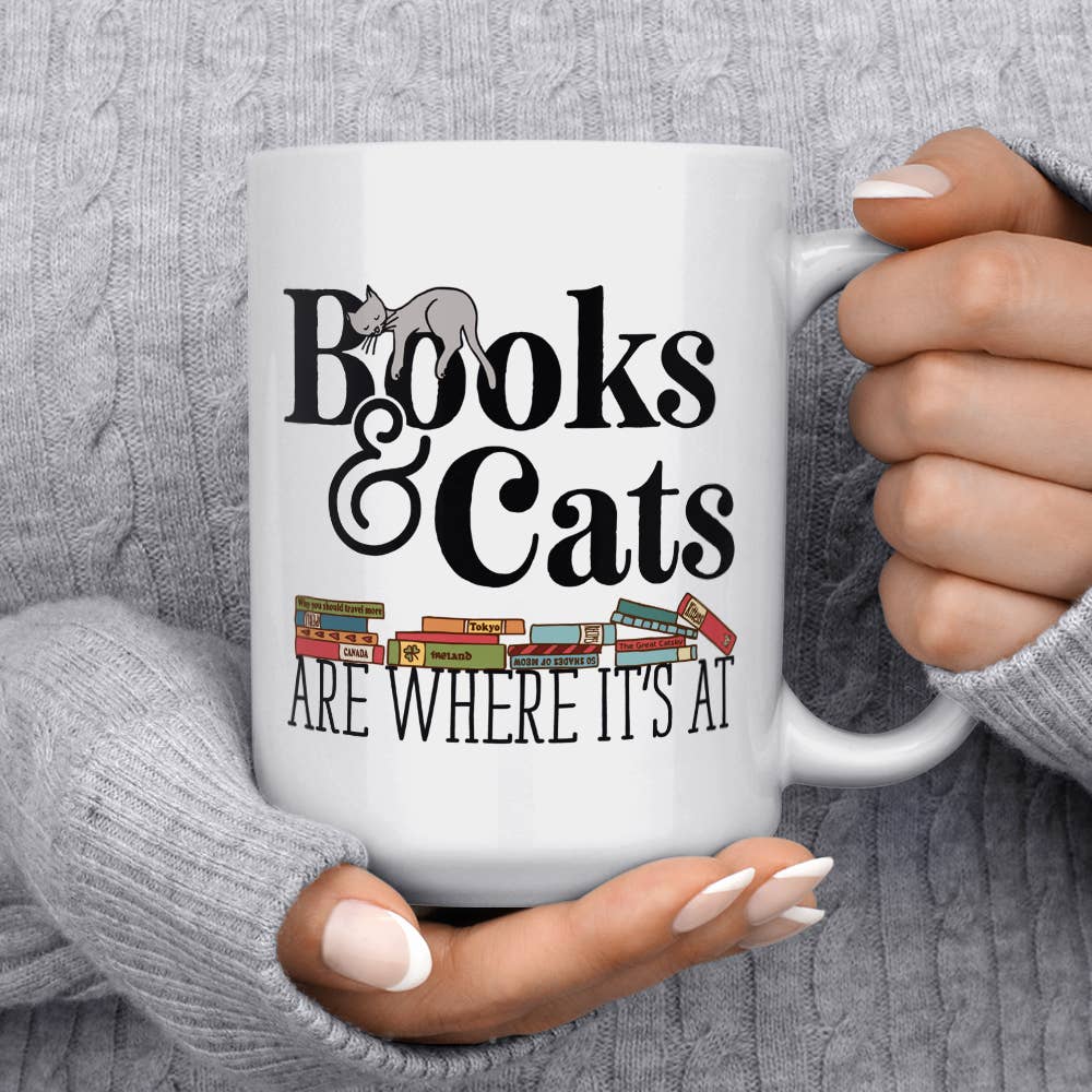 Books & Cats Ceramic Mug, Funny Cute Bookish Cat Lover Gifts: 11oz
