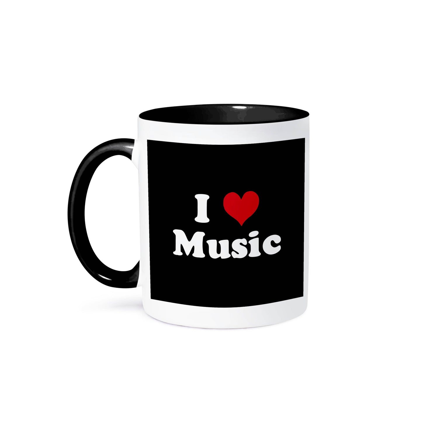 Mug with 'I ❤️ Music' text on a black background