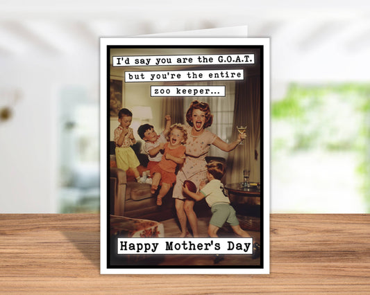 Mother's Day card with a vintage-style illustration of a woman and children, featuring text.