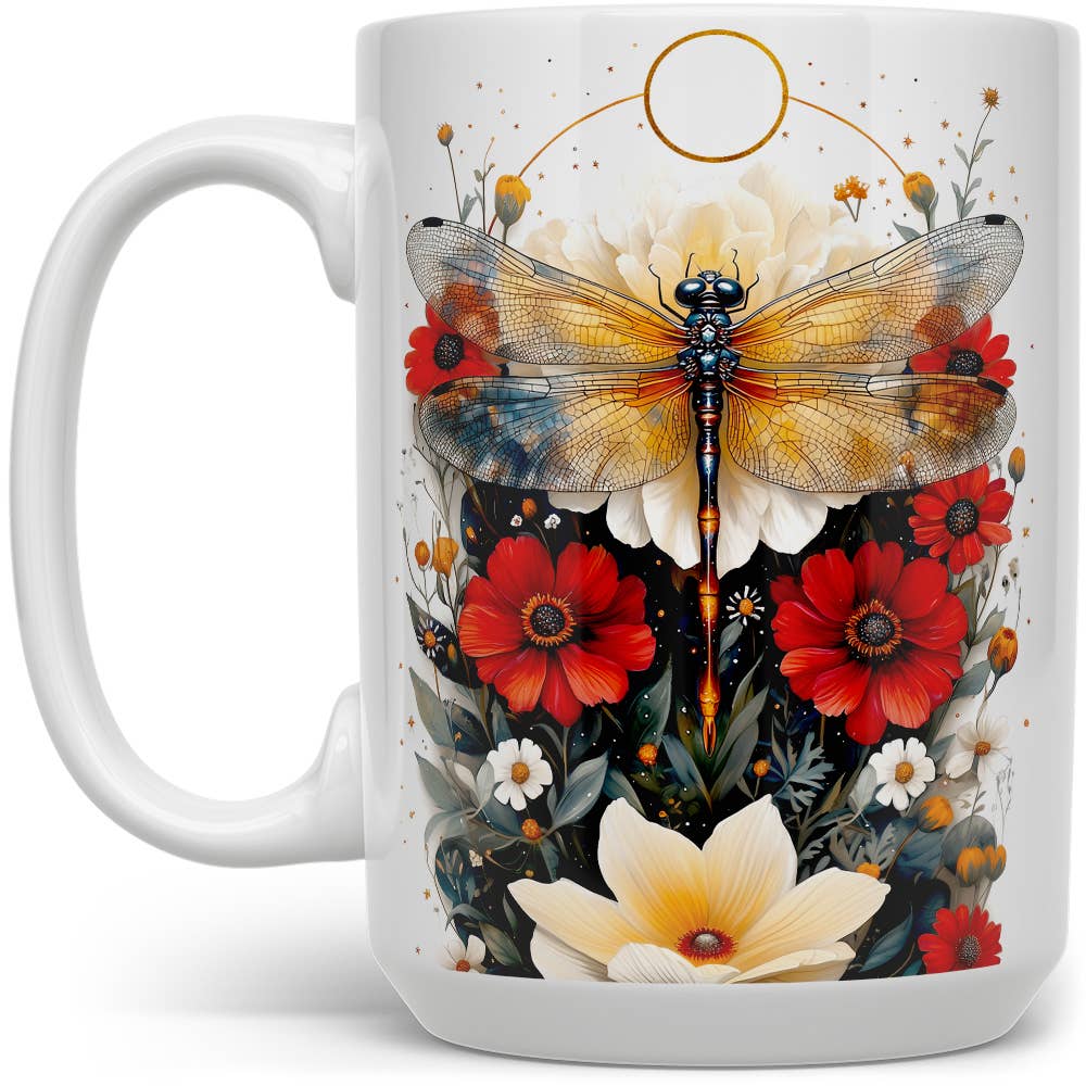 Floral Nature Dragonfly Ceramic Mug, Garden Celestial Gifts: 15oz